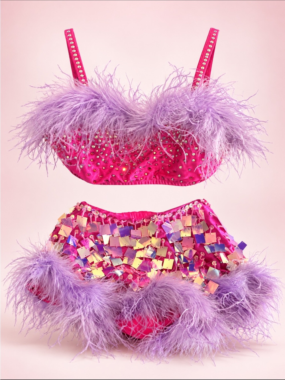 Pink and Lilac Feather Trim Sequin Bra & Skirt Set